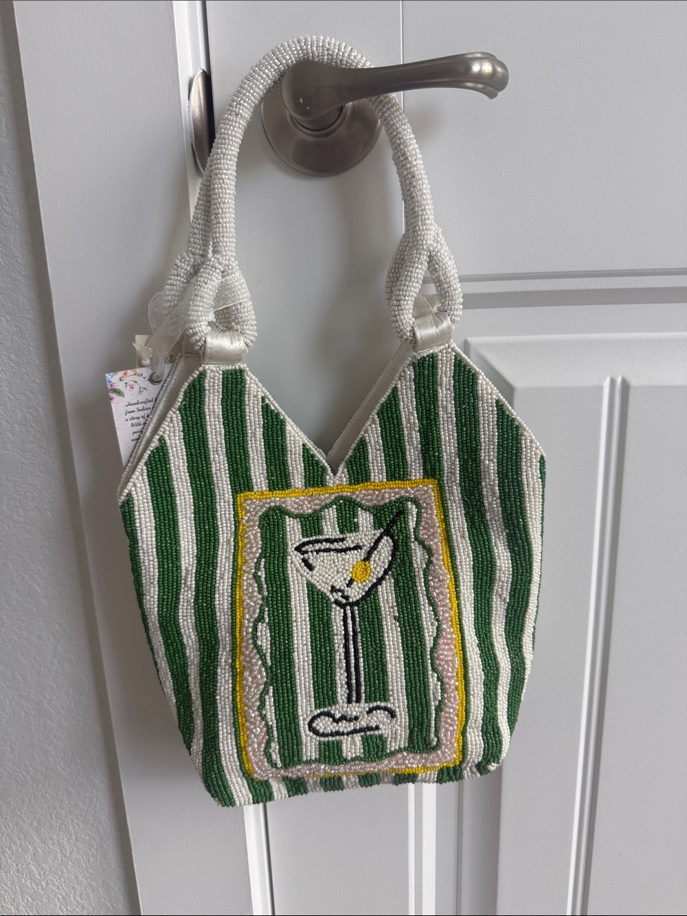 Beaded Green & White Stripe Cocktail Motif Tote